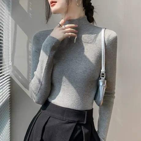 半高领长袖针织衫女2023秋冬新款羊毛纯色西装内搭修身正肩打底衫商品大图