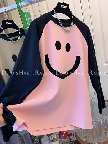笑脸拼接撞色插肩袖加厚磨毛长袖T恤上衣女打底衫宽松百搭中长款商品大图
