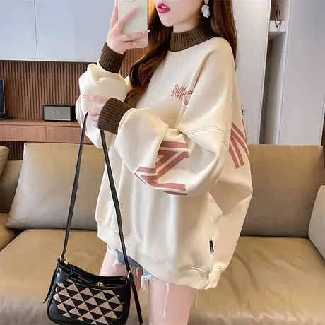 半高领卫衣女秋冬韩版宽松加绒加厚设计感小众保暖假两件上衣外套图片