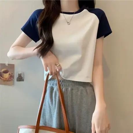 小个子短款撞色插肩短袖T恤女士夏装百搭修身打底衫上衣半袖潮ins商品大图
