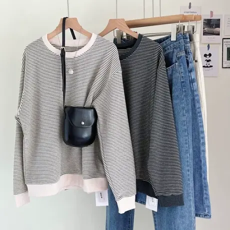 bf慵懒风圆领条纹卫衣女春秋季韩版宽松chic复古港味无帽上衣外套商品大图