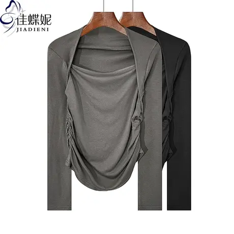 秋冬新款包肩领修身显瘦纯棉纯色褶皱纯欲长袖体恤上衣女打底衫商品大图