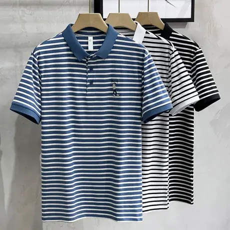 冰丝刺绣翻领Polo衫男短袖潮牌帅气2025新款男士高端休闲条纹t恤商品大图