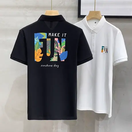 冰丝印花夏季男装Polo衫男士T恤短袖美式休闲潮流翻领黑色男上衣商品大图