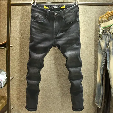 黑灰色欧货高端水洗牛仔裤男修身小脚弹力裤子秋冬款百搭时尚图片