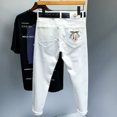 秋季白色休闲牛仔裤男士香港潮牌修身小脚长裤子韩版潮流宽松高档商品大图