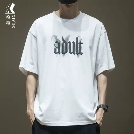 希越夏季字母印花五分袖T恤男短袖宽松休闲潮流大码重磅纯棉衣服商品大图