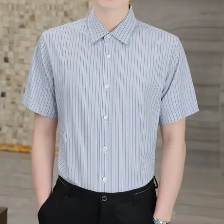 短袖衬衫男士潮牌竖条纹修身商务职业正装衬衣高级感休闲半袖寸衫图片