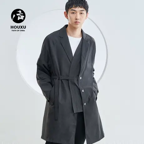 后序中长款风衣男过膝宽松系带中式复古男装高级感风衣男 设计感图片