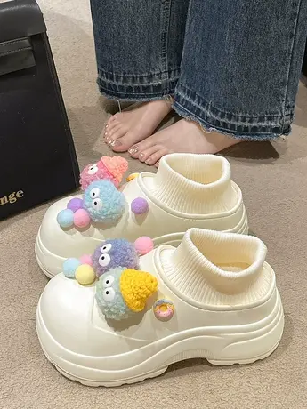 毛毛球加绒棉拖鞋女冬外穿2023新款厚底室内保暖防水防滑包跟棉鞋商品大图