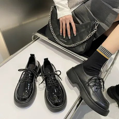 英伦风系带粗跟厚底秋季小皮鞋女2024新款黑色圆头配裙子百搭单鞋图片