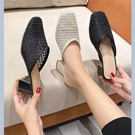 网纱包头半拖女夏季新款时尚外穿网红百搭中跟方头高跟拖鞋大码商品大图