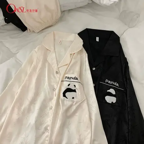 冰丝情侣睡衣女熊猫长袖衬衫夏季新款男女薄款家居服套装商品大图