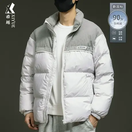 灯芯绒拼接羽绒服男冬季新国标90白鸭绒立领外套宽松大码男士棉衣商品大图