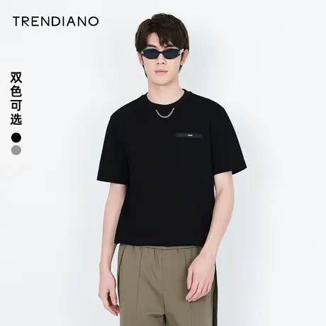 TRENDIANO官方潮牌春秋季新款男装压花可拆卸链条皮章短袖T恤男士图片