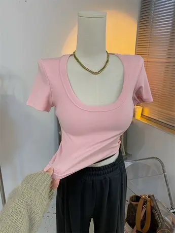 春夏新款~性感欧韩纯欲风！低U领短款修身弹力短袖t恤女露脐上衣商品大图