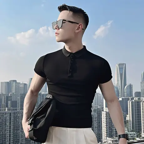 夏季男潮牌修身短袖t恤polo衫新款潮男韩版都市休闲半袖上衣体恤商品大图