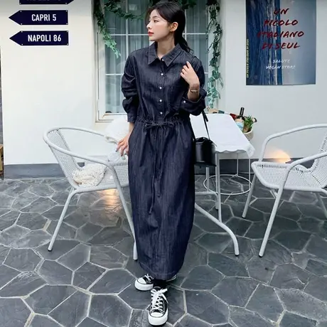 新款优雅牛仔法式复古连衣裙女中长款韩版宽松大码气质高级感裙子图片