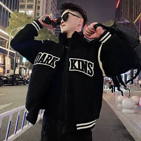 美式摇粒绒字母棉衣男冬季2023新款潮牌高级感宽松加厚羊羔毛外套商品大图