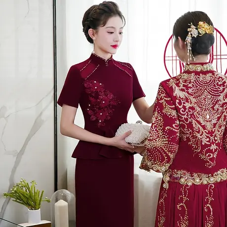 喜婆婆婚宴装晚礼服高端年轻妈妈婚礼高贵结婚喜服旗袍秋装小个子图片