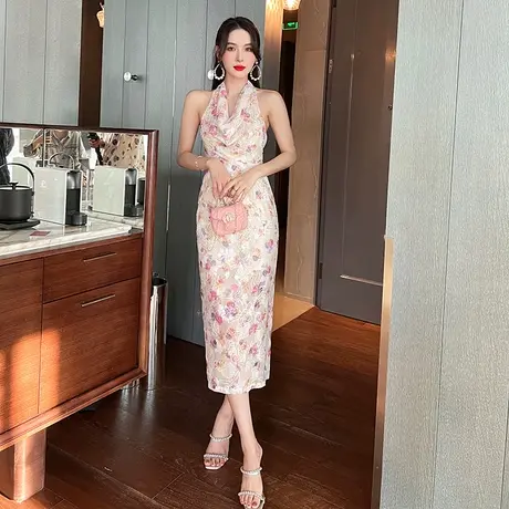 复古港风堆堆领露背挂脖连衣裙新款设计感小众印花别致宴会晚礼服商品大图