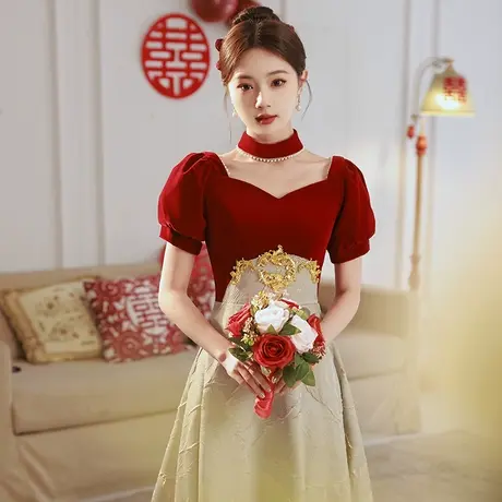 敬酒服2024新款新娘女夏季法式高级感订婚礼服时尚拼接红色连衣裙商品大图