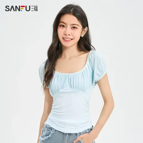 直播秒杀三福短袖T恤2024新款夏季时尚褶皱U领上衣辣妹气质紧身女商品大图