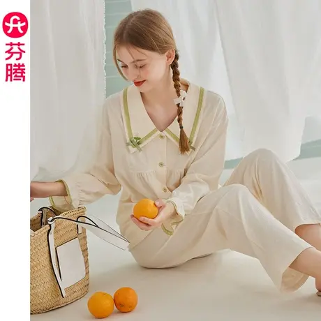 芬腾纯棉睡衣女春秋季长袖长裤翻领开衫休闲宽松可外穿家居服套装商品大图