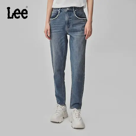 Lee商场同款24早春新品413标准高腰小直脚毛边印花中蓝色女牛仔裤图片