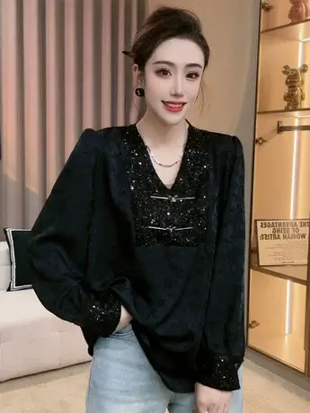 新中式盘扣亮片女士衬衫春季2024新款中国风复古气质长袖衬衣上衣图片