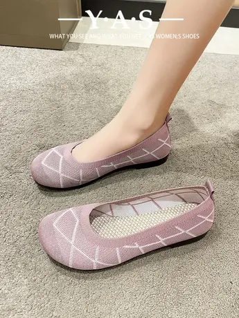 圆头单鞋女2024新款浅口平底豆豆鞋王妃鞋针织鞋软底一脚蹬编织鞋商品大图