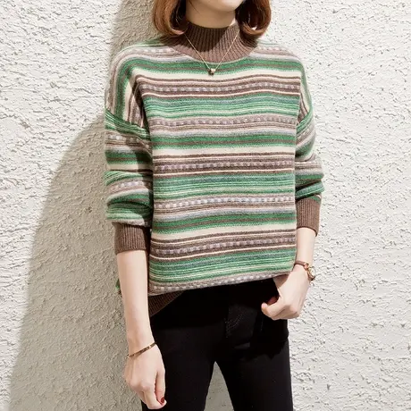 半高领毛衣女加厚打底衫2023秋冬新款宽松条纹针织衫内搭复古上衣商品大图