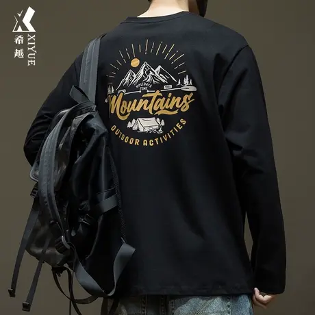 希越260g重磅纯棉长袖T恤男2024春季新款宽松大码男士打底衫上衣商品大图