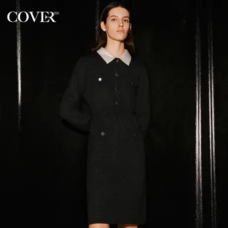 COVER2023冬季翻领收腰小香风针织连衣裙图片