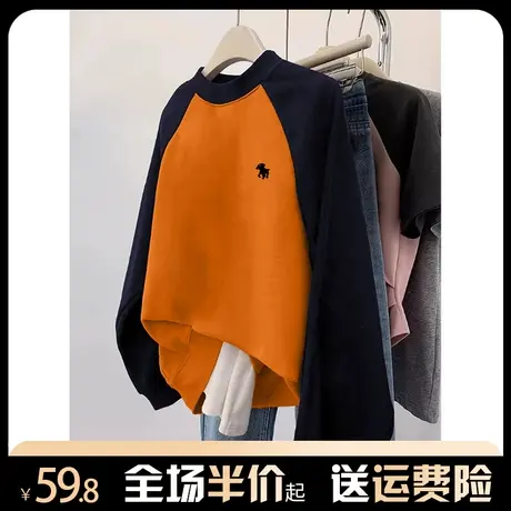 撞色插肩卫衣女秋冬加绒加厚oversize美式小众设计感圆领宽松上衣图片