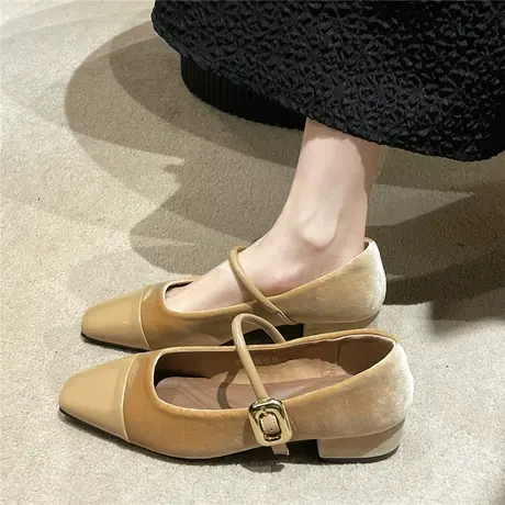 法式粗跟玛丽珍鞋女2024年春季新款百搭晚晚鞋浅口方头配裙子单鞋商品大图
