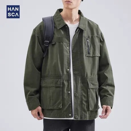 hansca秋冬季翻领夹克男青少年宽松复古纯棉多口袋休闲工装外套男商品大图