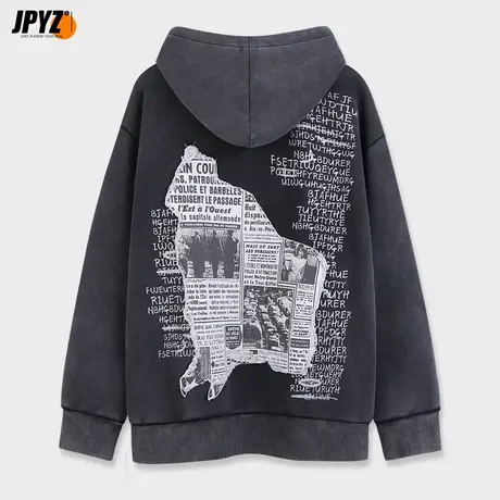 大萧条印花美式重磅连帽卫衣男加绒潮牌帽衫情侣加厚宽松外套冬季商品大图