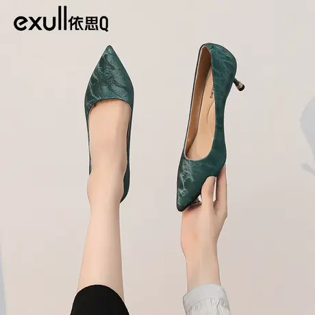 依思q旗袍鞋女春2024新款浅口气质优雅细跟墨绿色印花单鞋宴会鞋商品大图