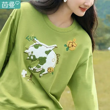 茵曼圆领套头卫衣欧货2024新款女装宽松无帽外套长袖上衣T恤春秋图片