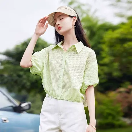 时尚气质短袖衬衫2023年夏季新款淑女简约温柔翻领显瘦通勤上衣商品大图