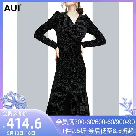 AUI黑色不规则丝绒连衣裙女2022秋冬新款设计感小众气质包臀长裙图片