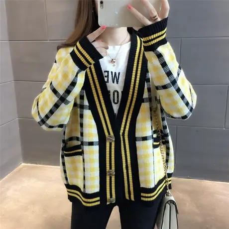 2018秋季新款针织衫开衫女外套宽松长袖韩版格子外搭上衣潮毛衣女图片