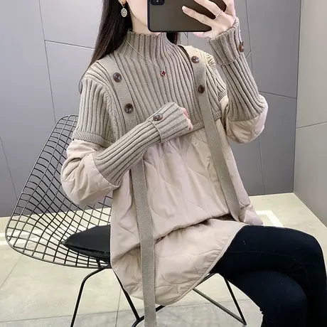 冬季中长款毛衣女秋冬2023新款爆款高领加厚外套慵懒风拼接连衣裙商品大图