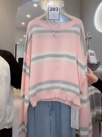 法式条纹短款落肩袖针织衫女韩系宽松小众设计感长袖短款洋气上衣商品大图