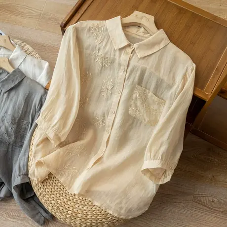 七分袖苎麻衬衫女文艺复古宽松休闲小衫2022春夏新款棉麻上衣T恤图片