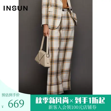 恩裳春秋季设计师联名款都市摩登英伦格纹醋酸阔腿西裤长裤商品大图