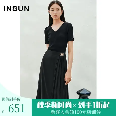 恩裳2023夏装新款经典V领喇叭袖坑条显瘦舒适冰丝针织衫商品大图