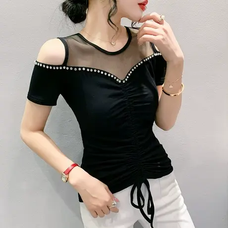 性感网纱拼接上衣女欧货洋气抽绳T恤短袖心机露肩小衫紧身体恤夏商品大图