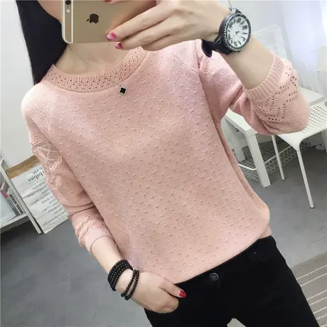 2022秋装新款韩版宽松套头圆领镂空打底毛衣女绣花亮片蕾丝针织衫商品大图